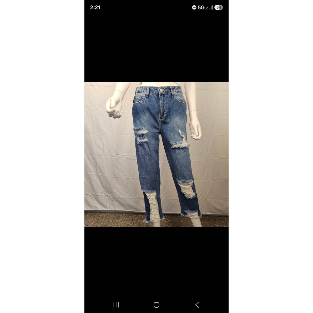 Fashion Nova Distressed Mom Jeans Medium Wash High Rise Shredded Denim 28